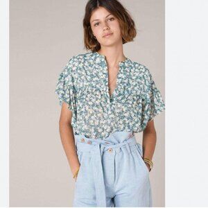 SESSUN GOKO PRINT RUFFLE FLORAL POPOVER FLOWY BLOUSE IN GREEN
